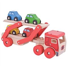Lastbil i trä med 4 bilar - röd - Bigjigs 