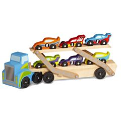 Lastbil i trä med 6 racerbilar - blå - Melissa & Doug