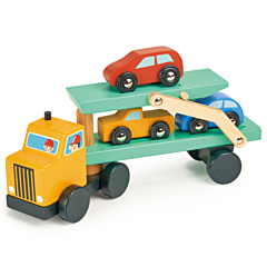 Biltransport - Lastbil i trä med 3 bilar - Mentari. Rolig leksak