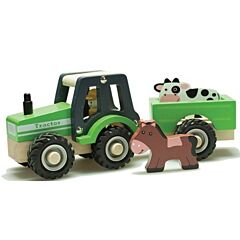 Traktor i trä med 2 djur - bondgård