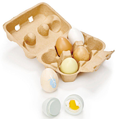 Leksaksmat - Ägg i trä - 6 st i en äggkartong - Tender Leaf Toys. Rolig leksaksmat